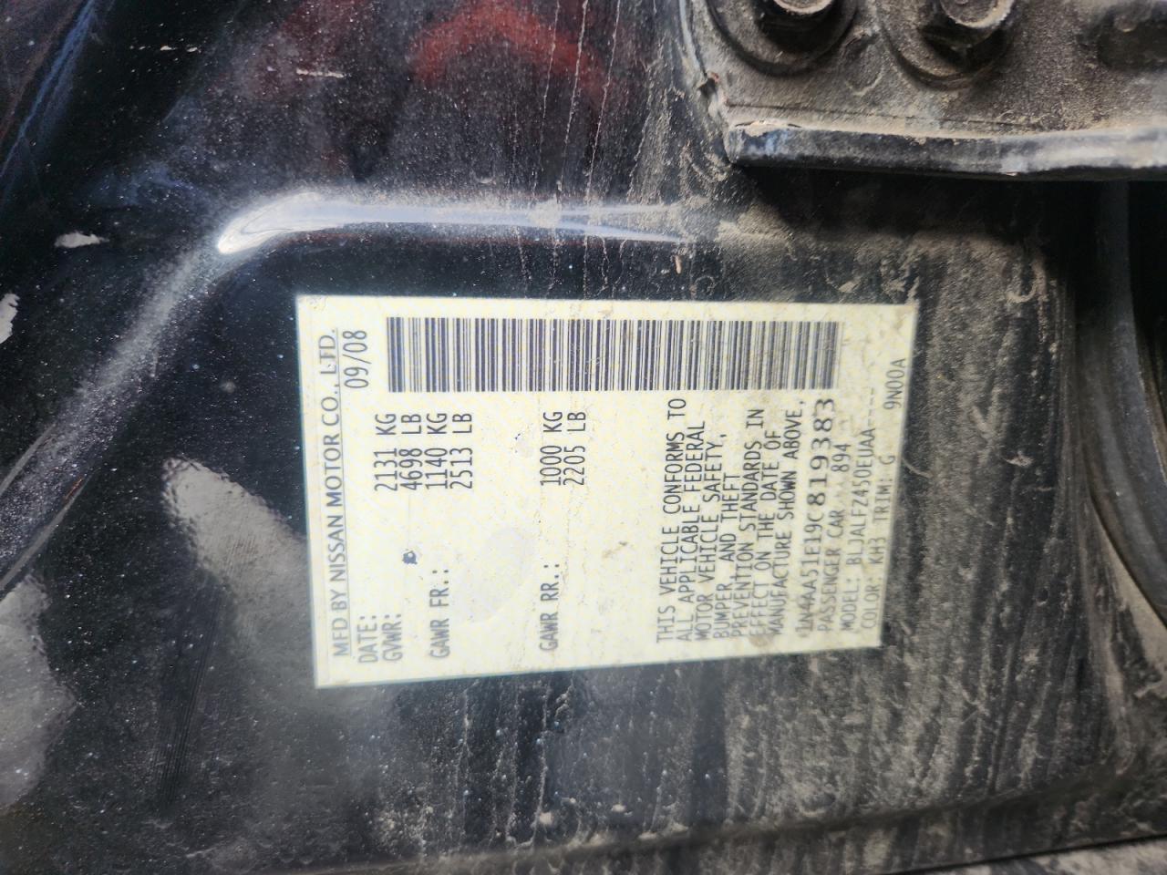 2009 Nissan Maxima S VIN: 1N4AA51E19C819383 Lot: 91910905