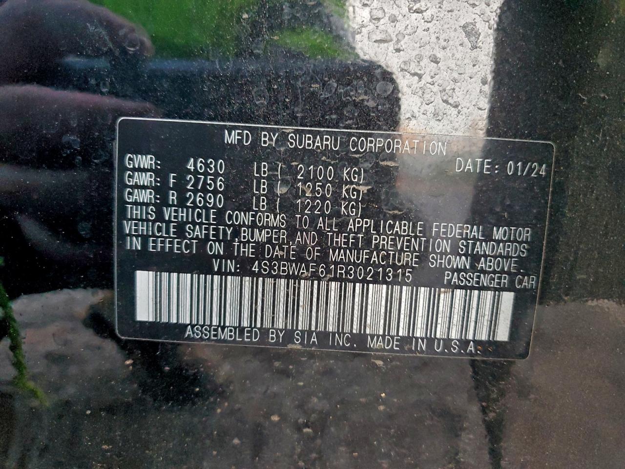 2024 Subaru Legacy Premium VIN: 4S3BWAF61R3021315 Lot: 94308025