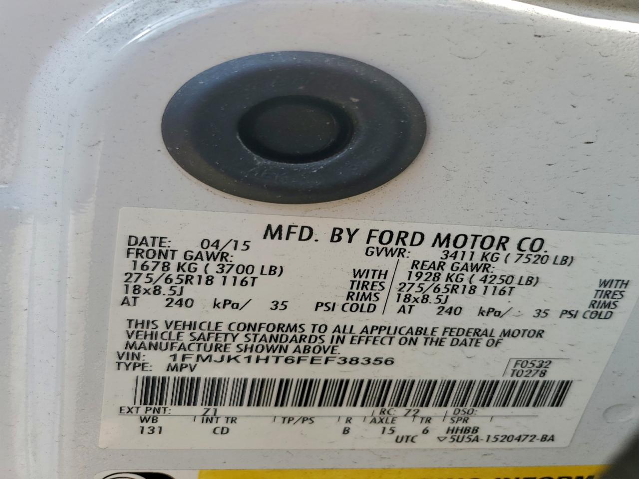 2015 Ford Expedition El Xlt VIN: 1FMJK1HT6FEF38356 Lot: 92467465