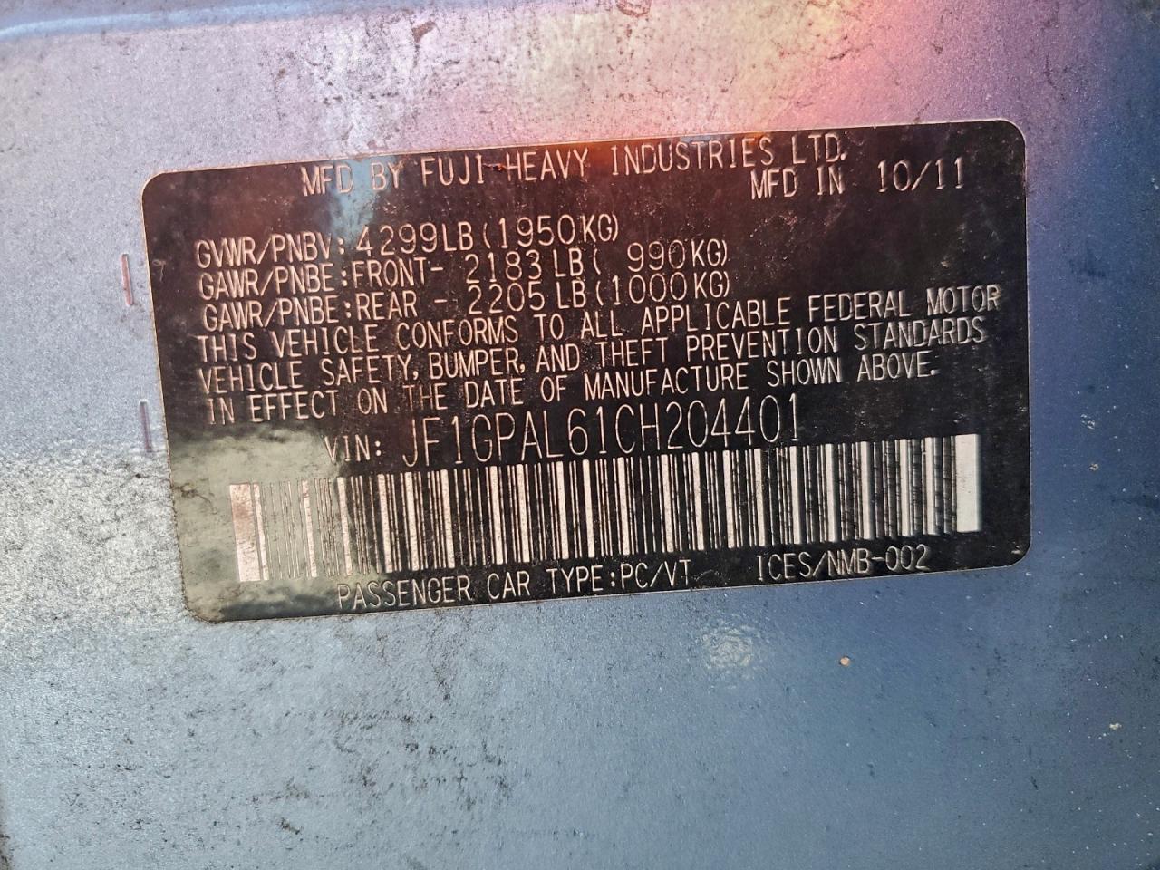 2012 Subaru Impreza Sport Premium VIN: JF1GPAL61CH204401 Lot: 94509965