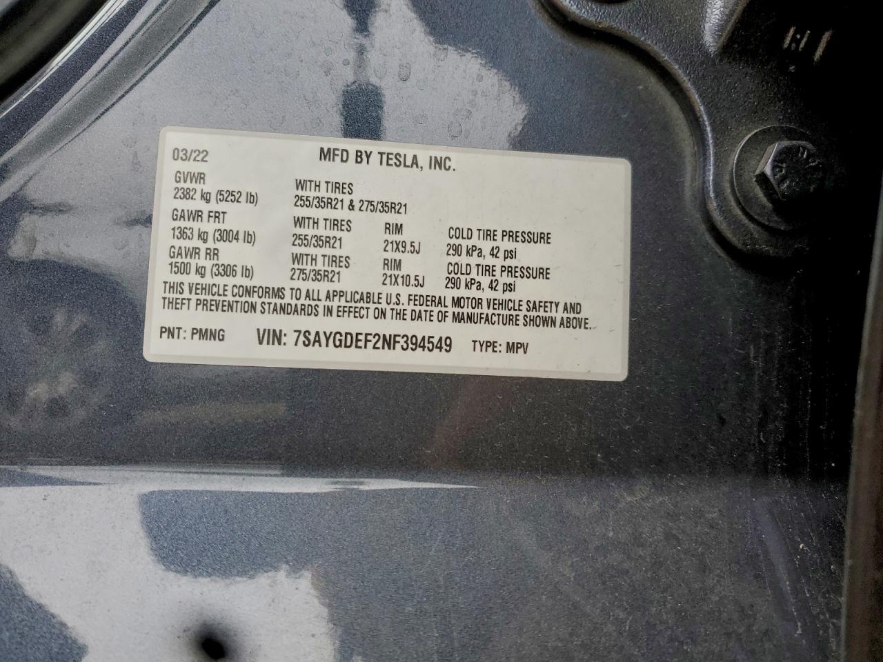 2022 Tesla Model Y VIN: 7SAYGDEF2NF394549 Lot: 94344495