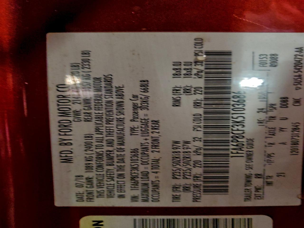 2019 Ford Mustang Gt VIN: 1FA6P8CF3K5103686 Lot: 94101745