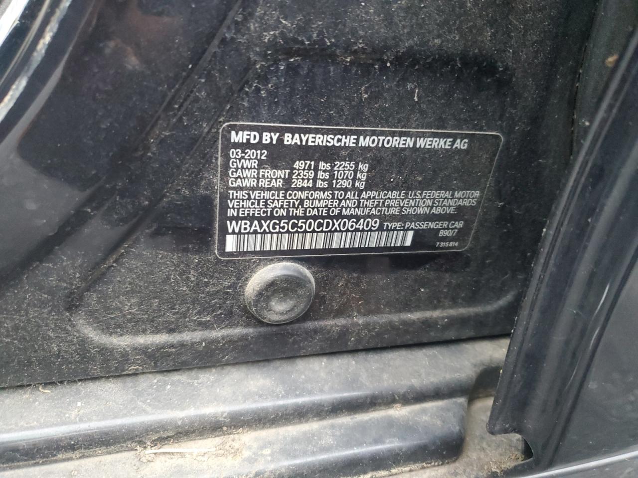 2012 BMW 528 I VIN: WBAXG5C50CDX06409 Lot: 93941615