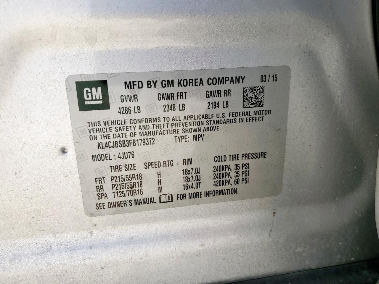 2015 Buick Encore Convenience VIN: KL4CJBSB3FB179372 Lot: 92289655