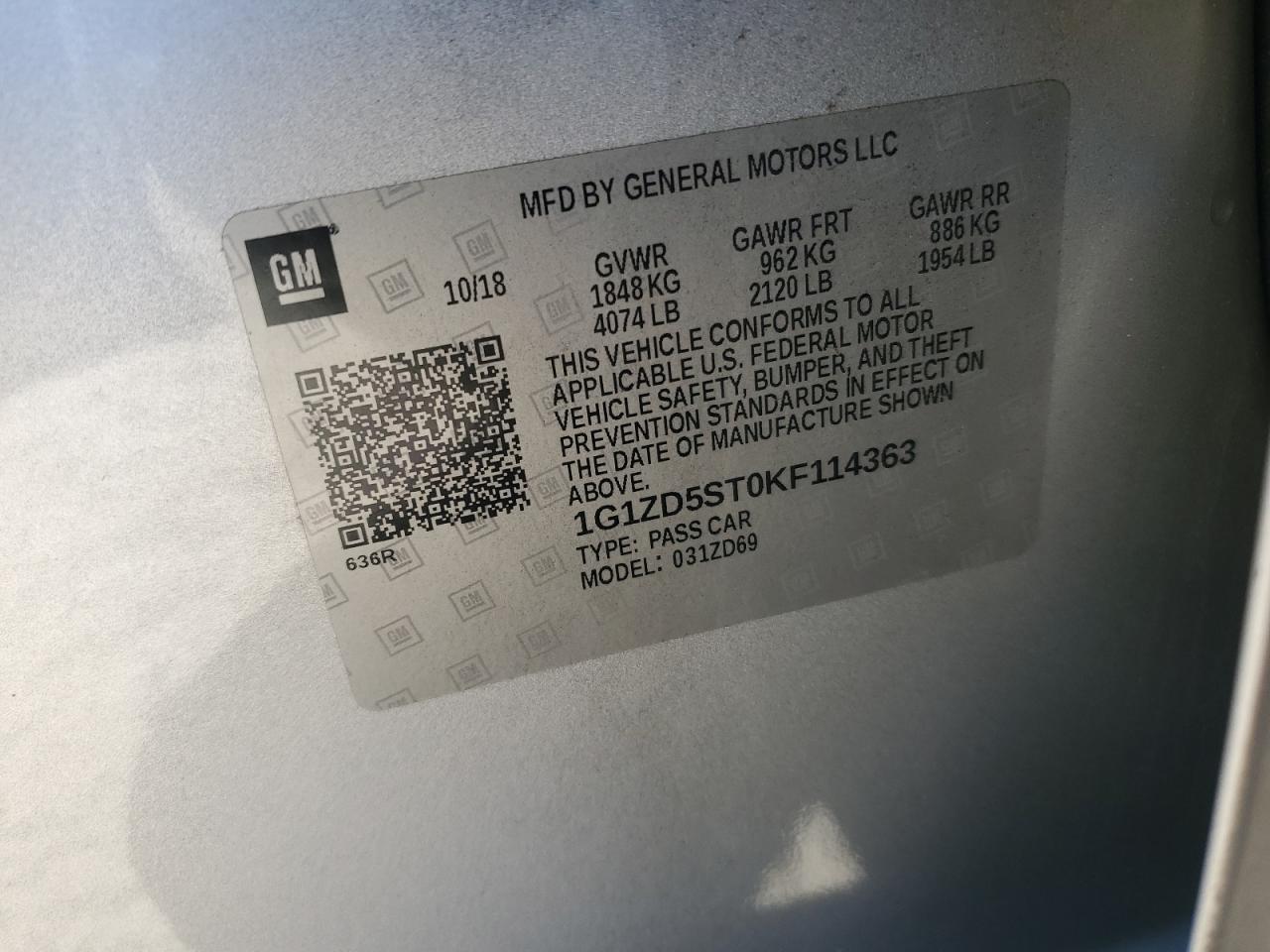 2019 Chevrolet Malibu Lt VIN: 1G1ZD5ST0KF114363 Lot: 92527885