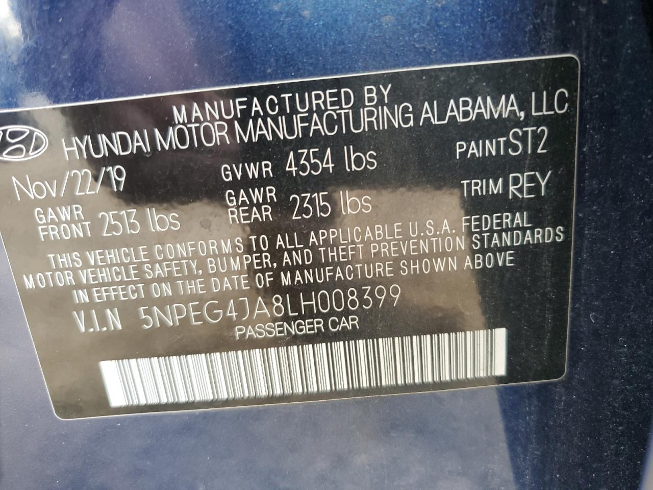 2020 Hyundai Sonata Se VIN: 5NPEG4JA8LH008399 Lot: 93194525