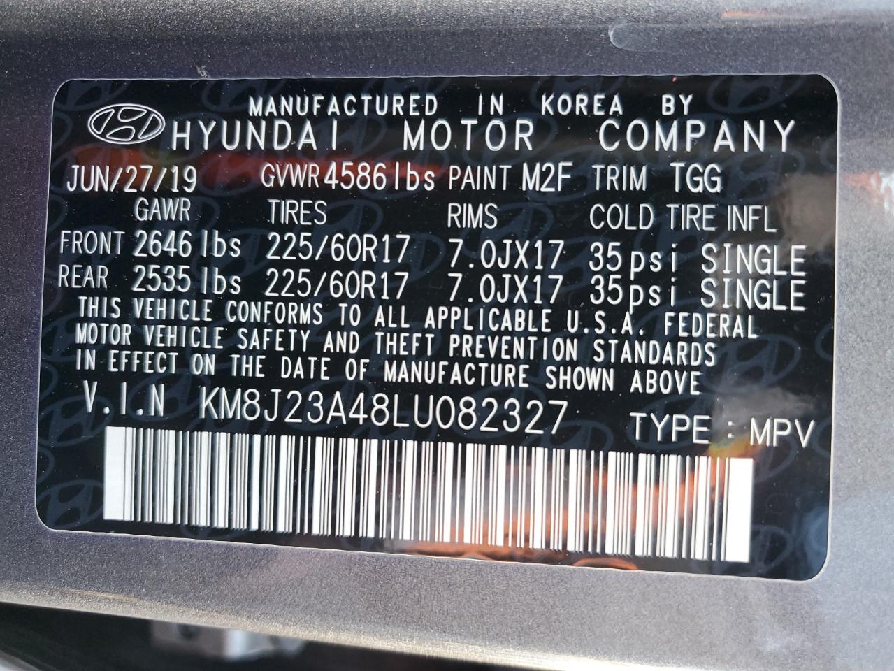 2020 Hyundai Tucson Se VIN: KM8J23A48LU082327 Lot: 92373615