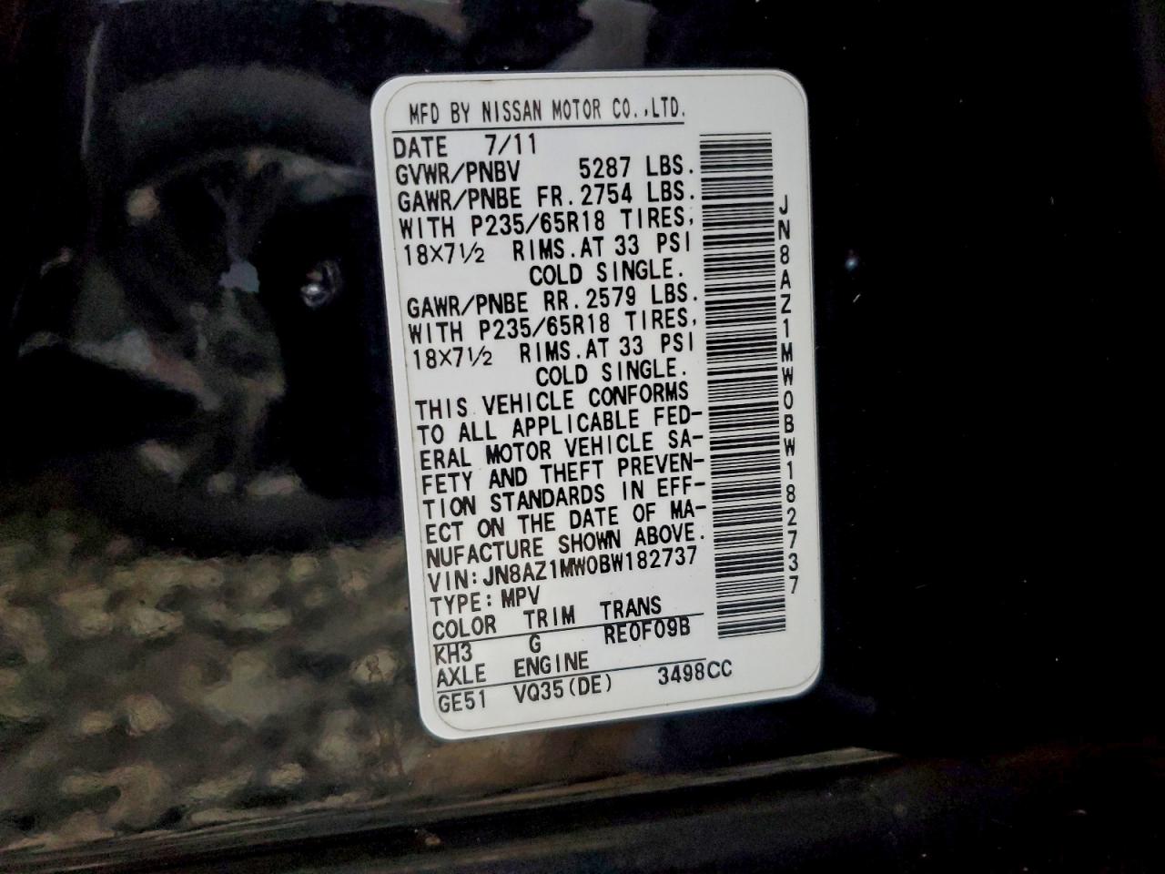 2011 Nissan Murano S VIN: JN8AZ1MW0BW182737 Lot: 91565135