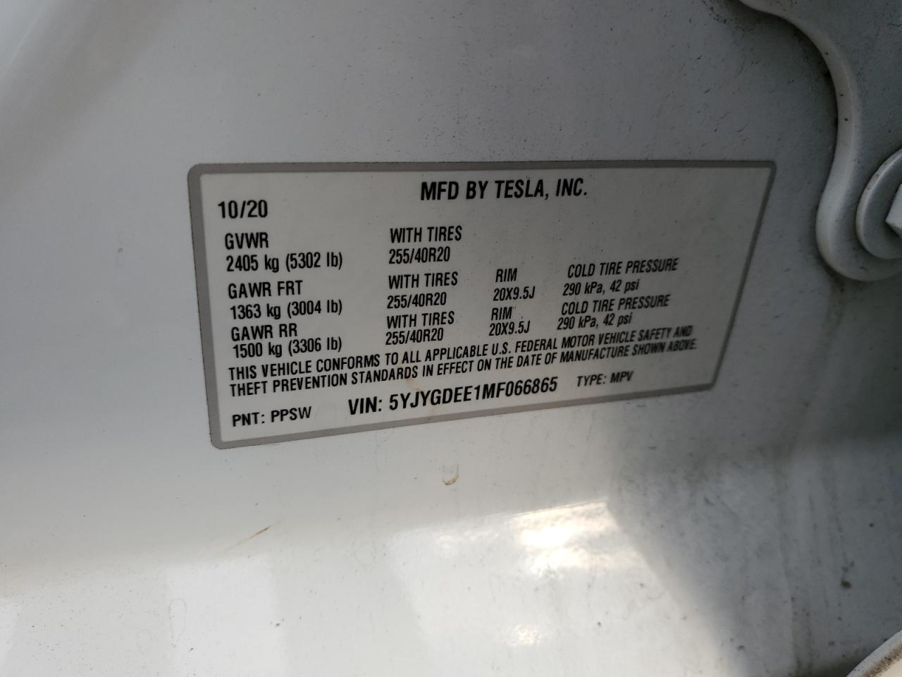 2021 Tesla Model Y VIN: 5YJYGDEE1MF066865 Lot: 92162655