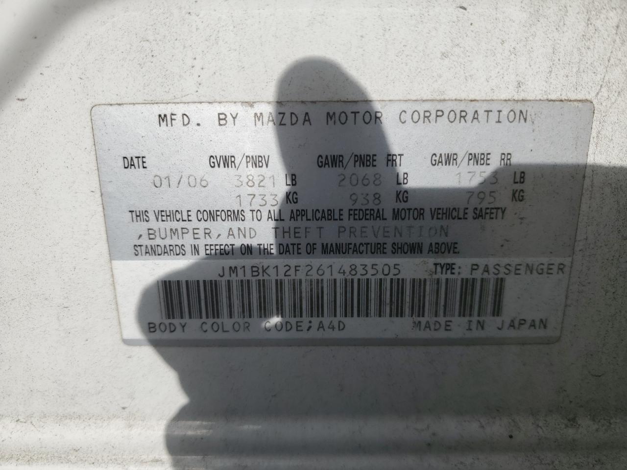 2006 Mazda 3 I VIN: JM1BK12F261483505 Lot: 92712165