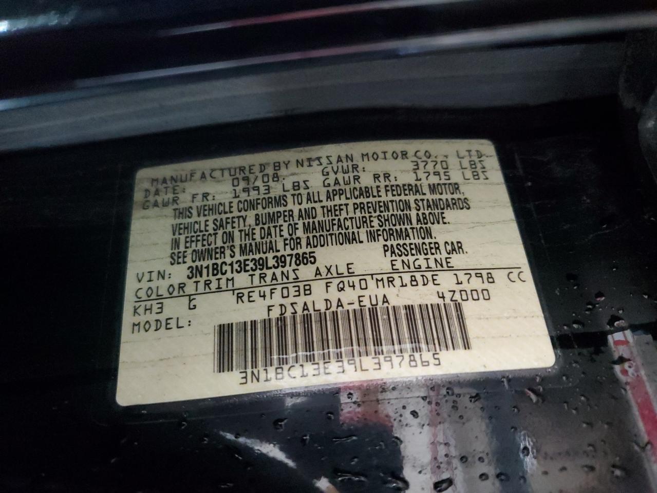 2009 Nissan Versa S VIN: 3N1BC13E39L397865 Lot: 92175385