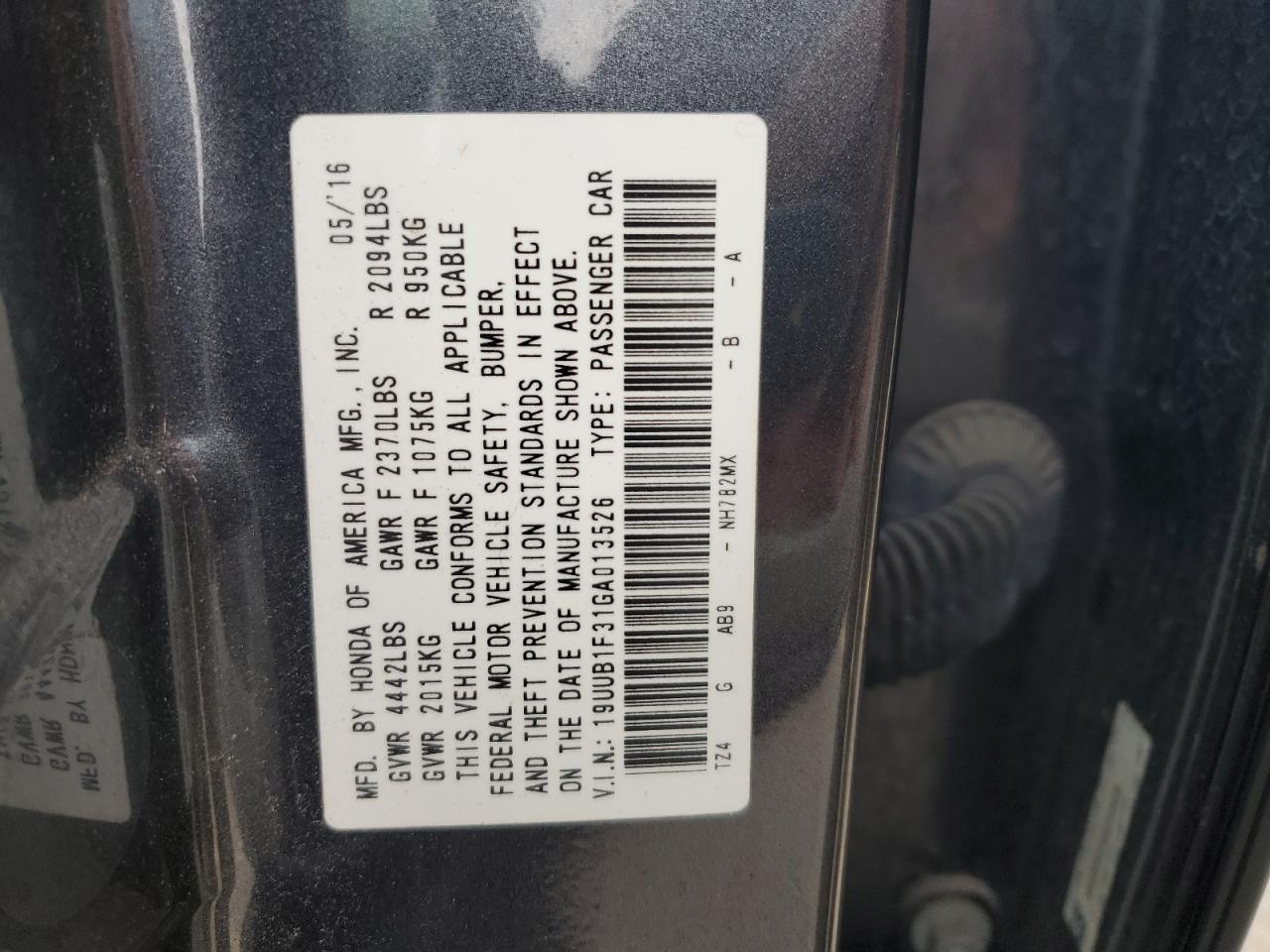 2016 Acura Tlx VIN: 19UUB1F31GA013526 Lot: 93250625