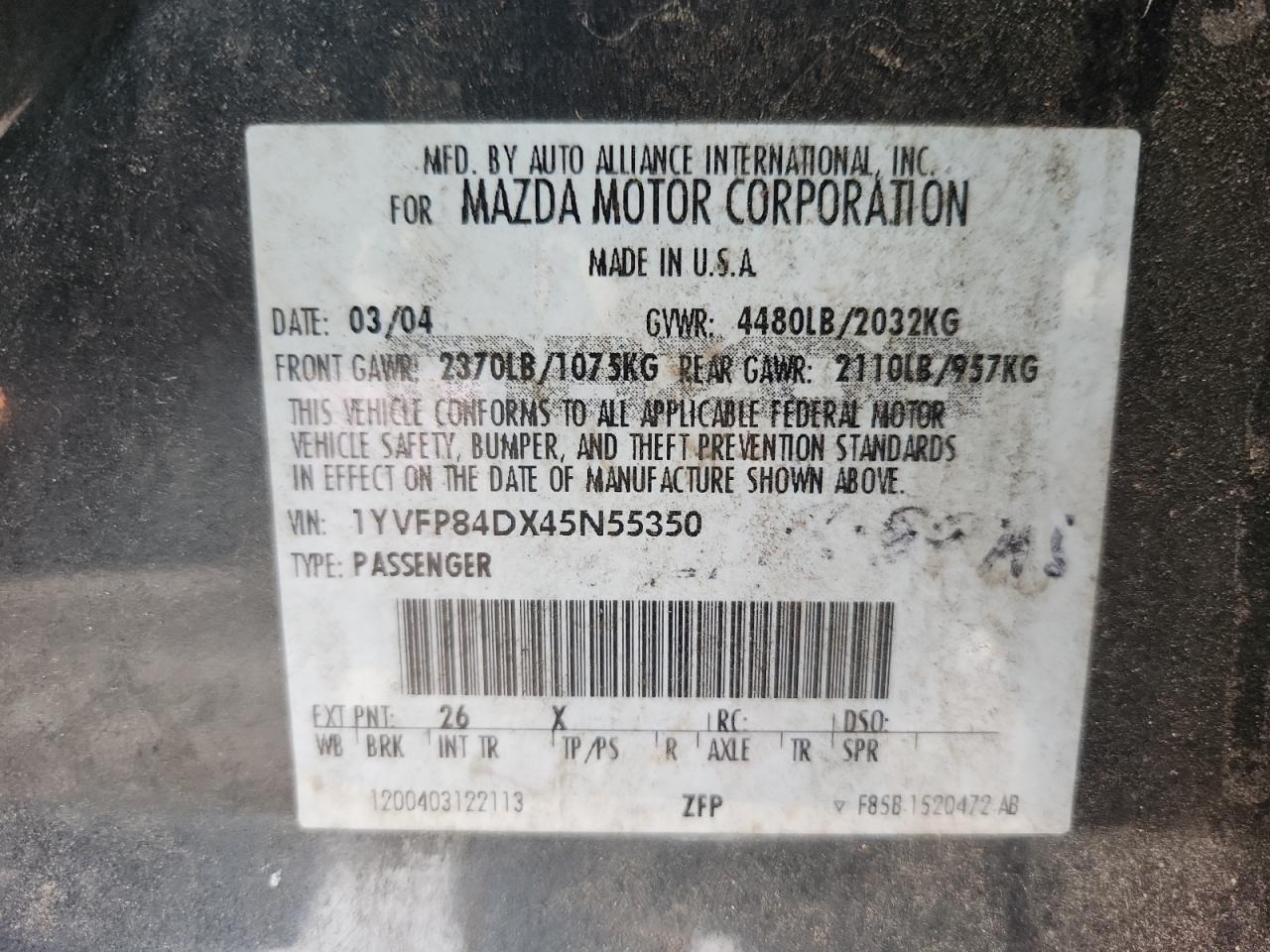 2004 Mazda 6 S VIN: 1YVFP84DX45N55350 Lot: 91576465