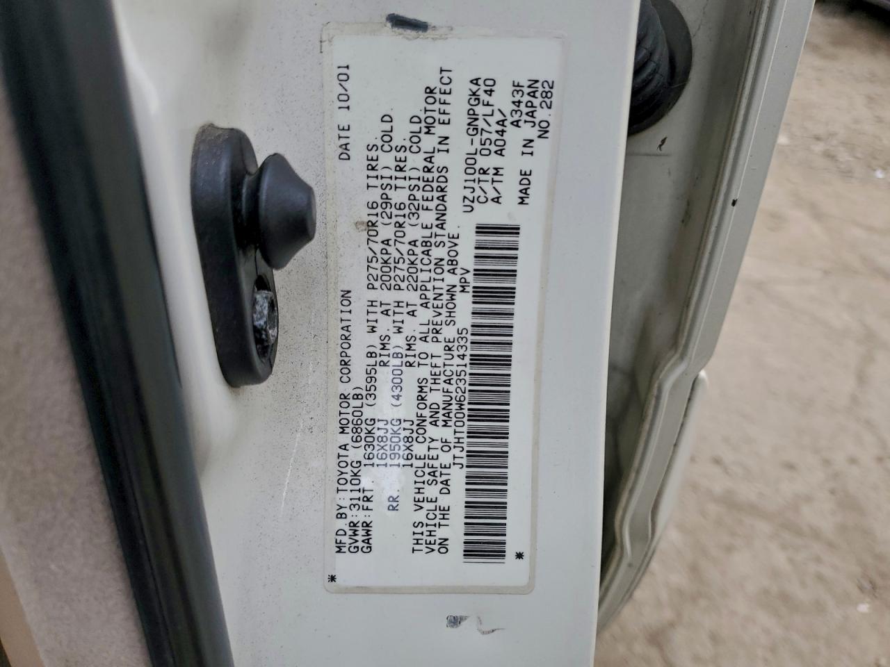 2002 Lexus Lx 470 VIN: JTJHT00W623514335 Lot: 93968535