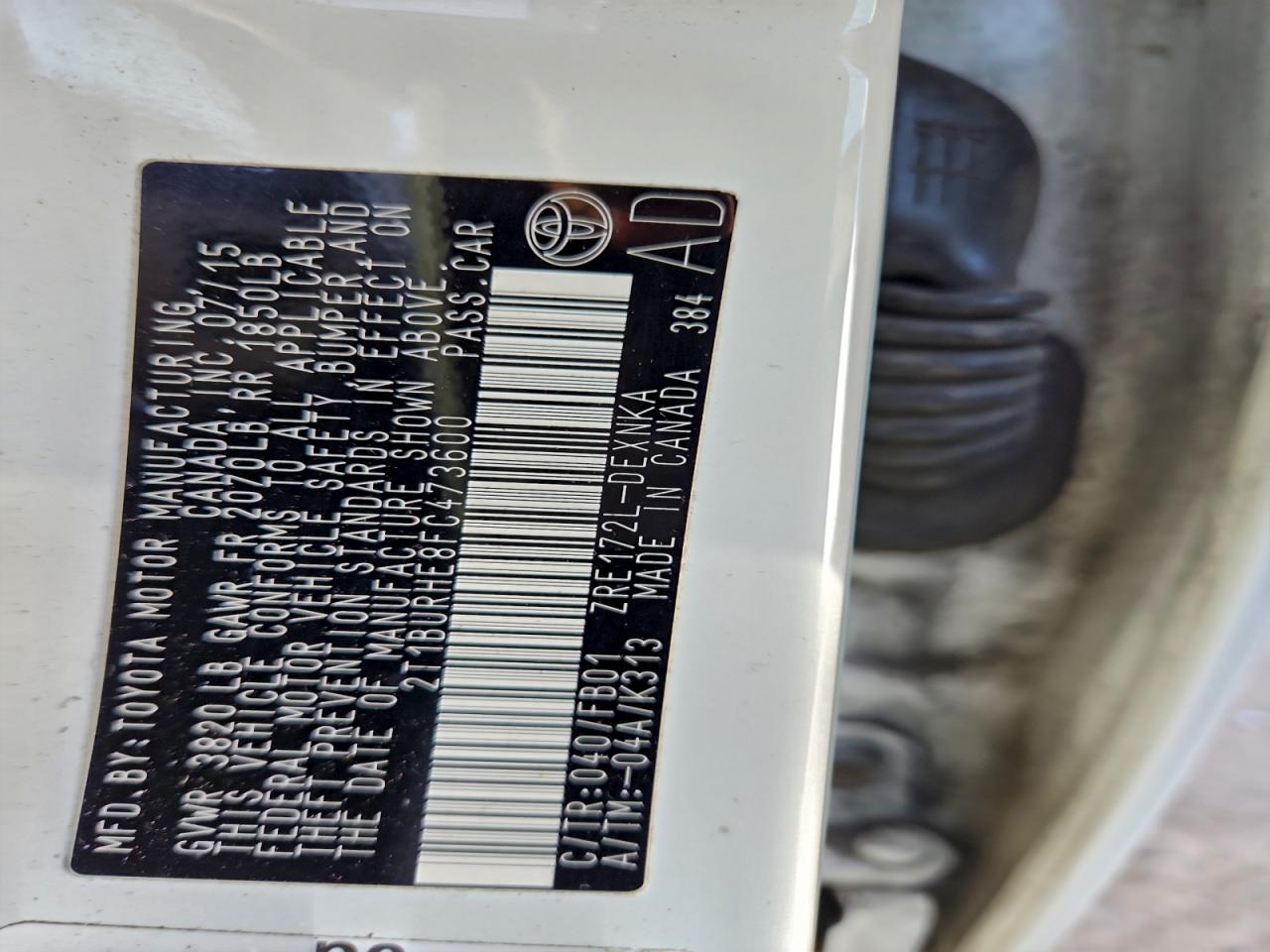 2015 Toyota Corolla L VIN: 2T1BURHE8FC473600 Lot: 93935835