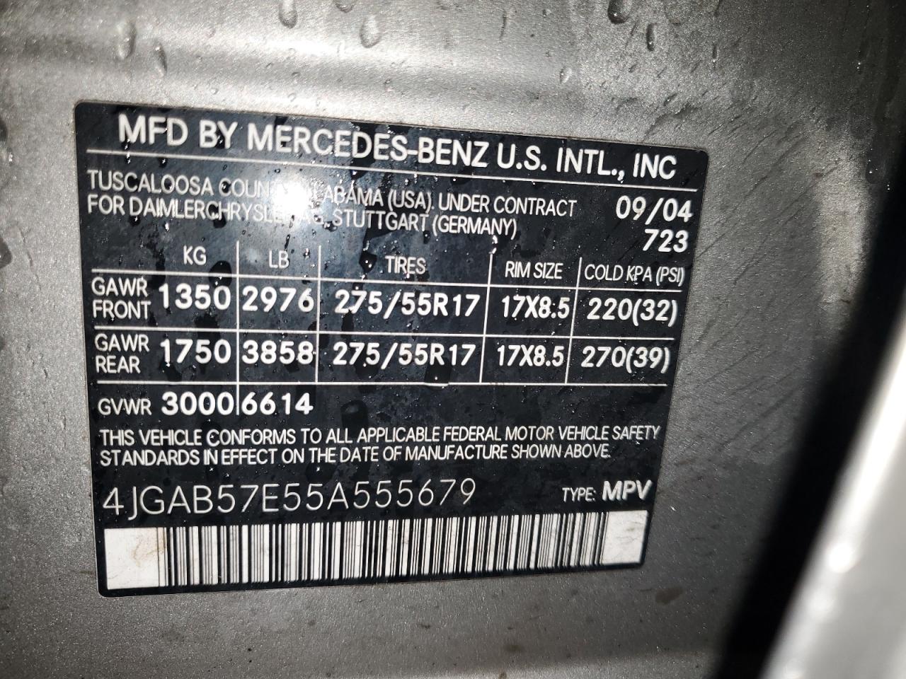 2005 Mercedes-Benz Ml 350 VIN: 4JGAB57E55A555679 Lot: 93308625