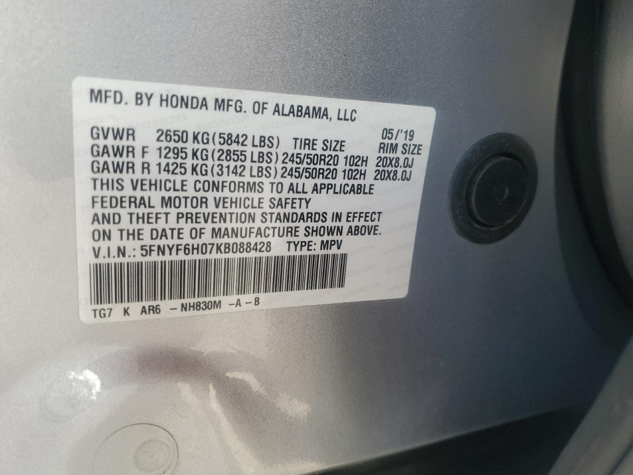 2019 Honda Pilot Elite VIN: 5FNYF6H07KB088428 Lot: 90821095