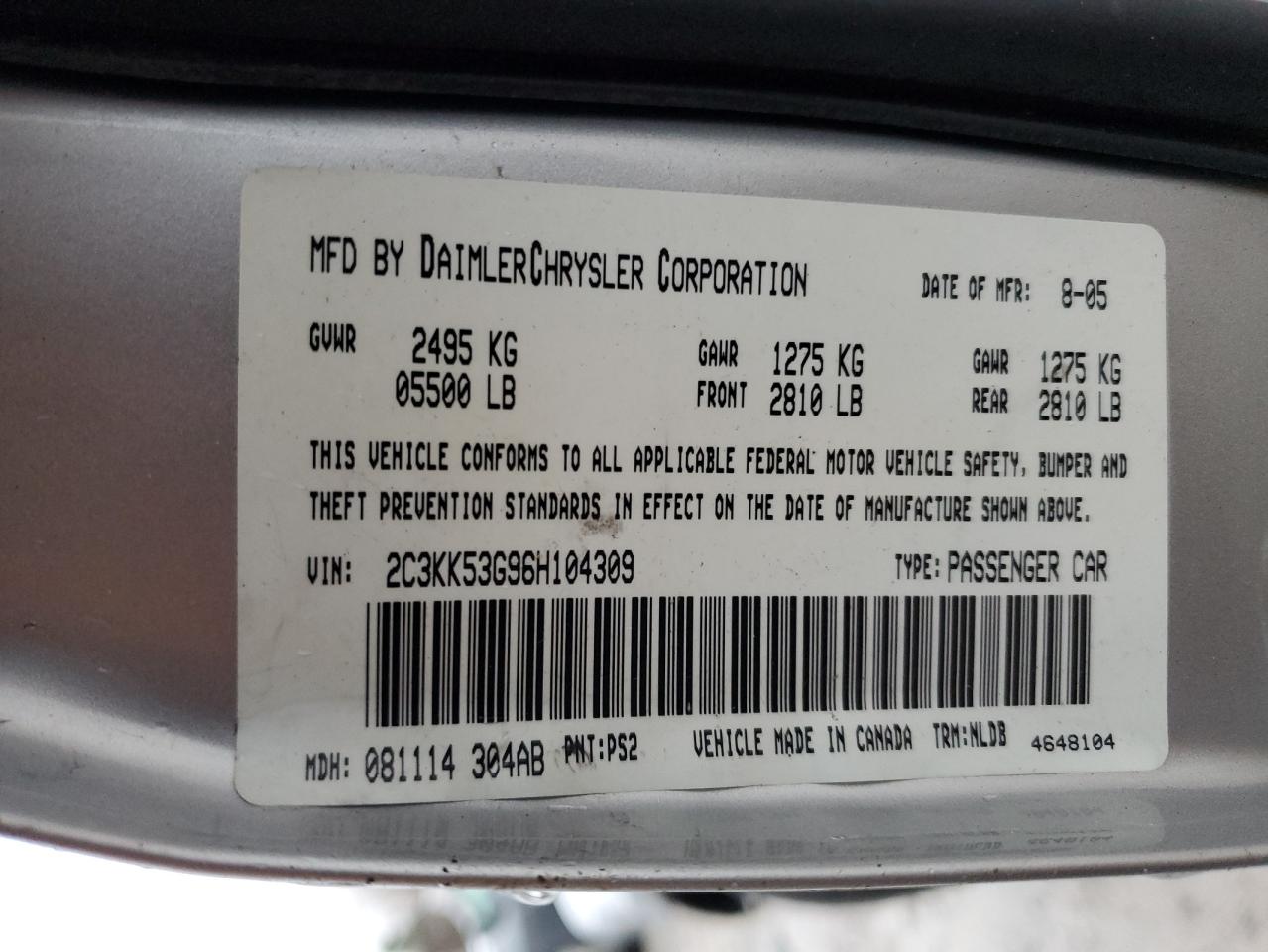 2006 Chrysler 300 Touring VIN: 2C3KK53G96H104309 Lot: 91882415