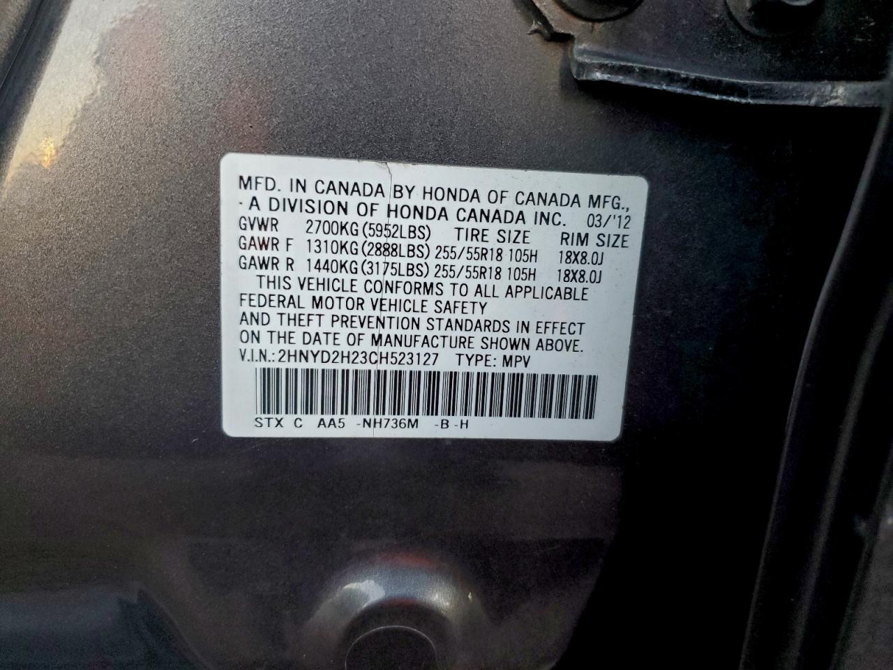 2012 Acura Mdx VIN: 2HNYD2H23CH523127 Lot: 94195005