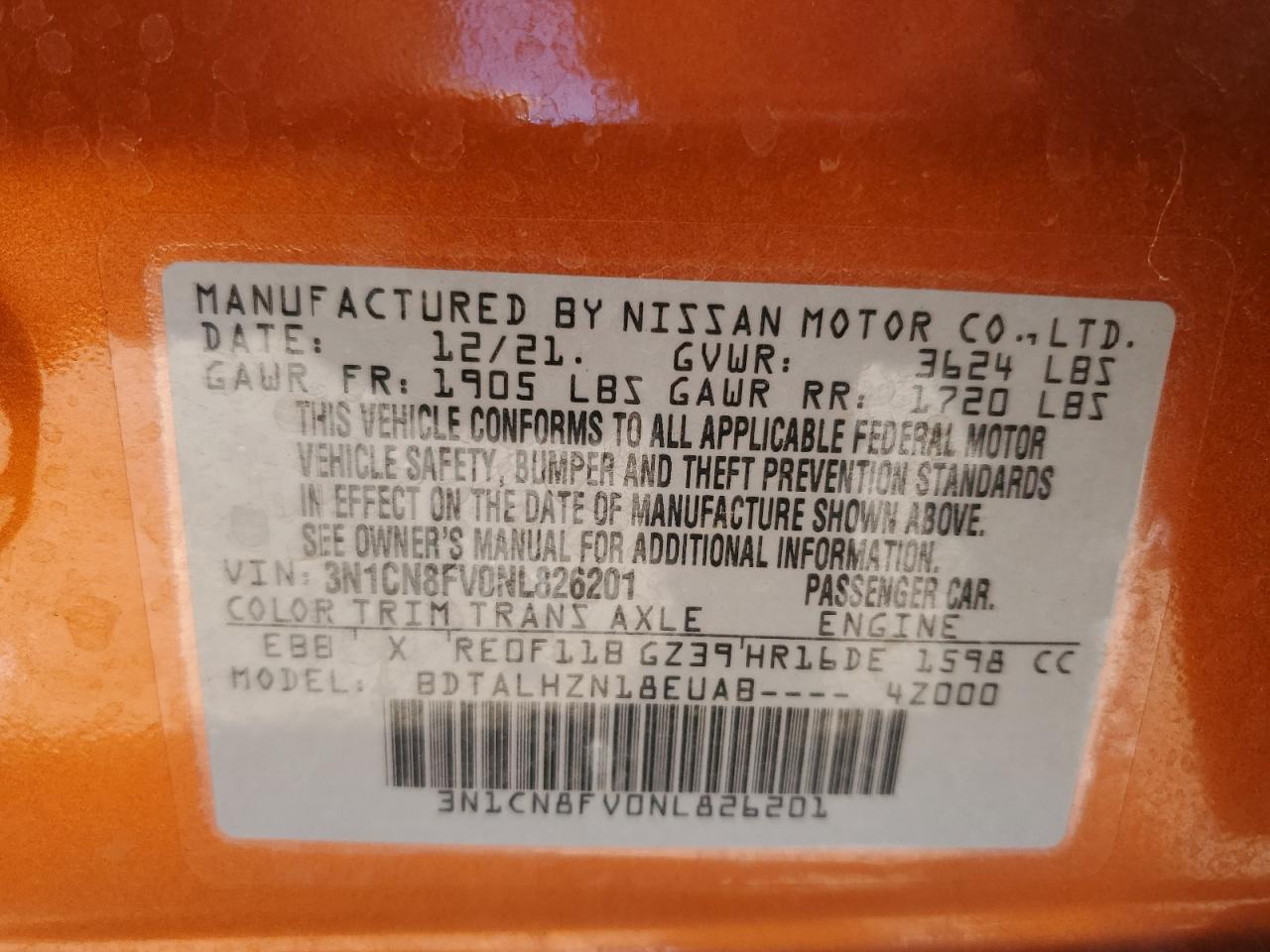 2022 Nissan Versa Sr VIN: 3N1CN8FV0NL826201 Lot: 91981745