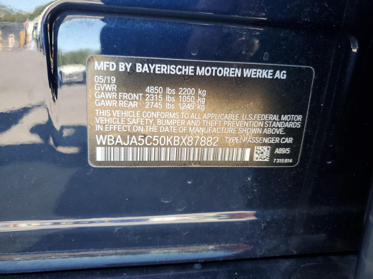 2019 BMW 530 I VIN: WBAJA5C50KBX87882 Lot: 93598575