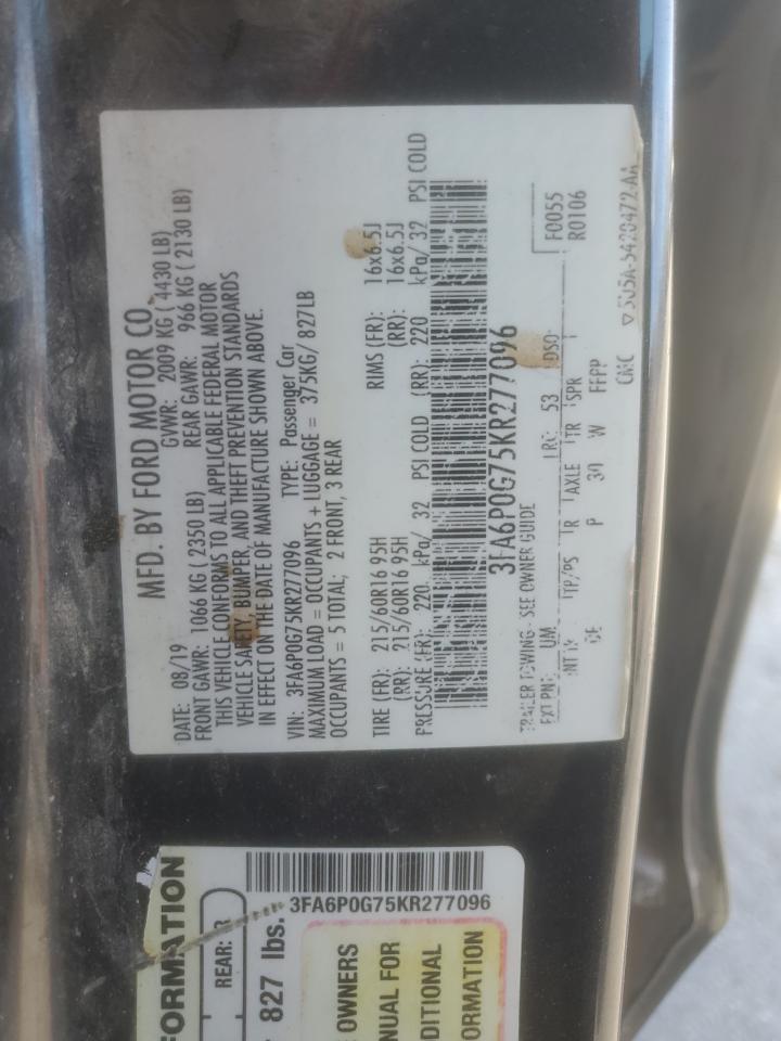 2019 Ford Fusion S VIN: 3FA6P0G75KR277096 Lot: 92204905