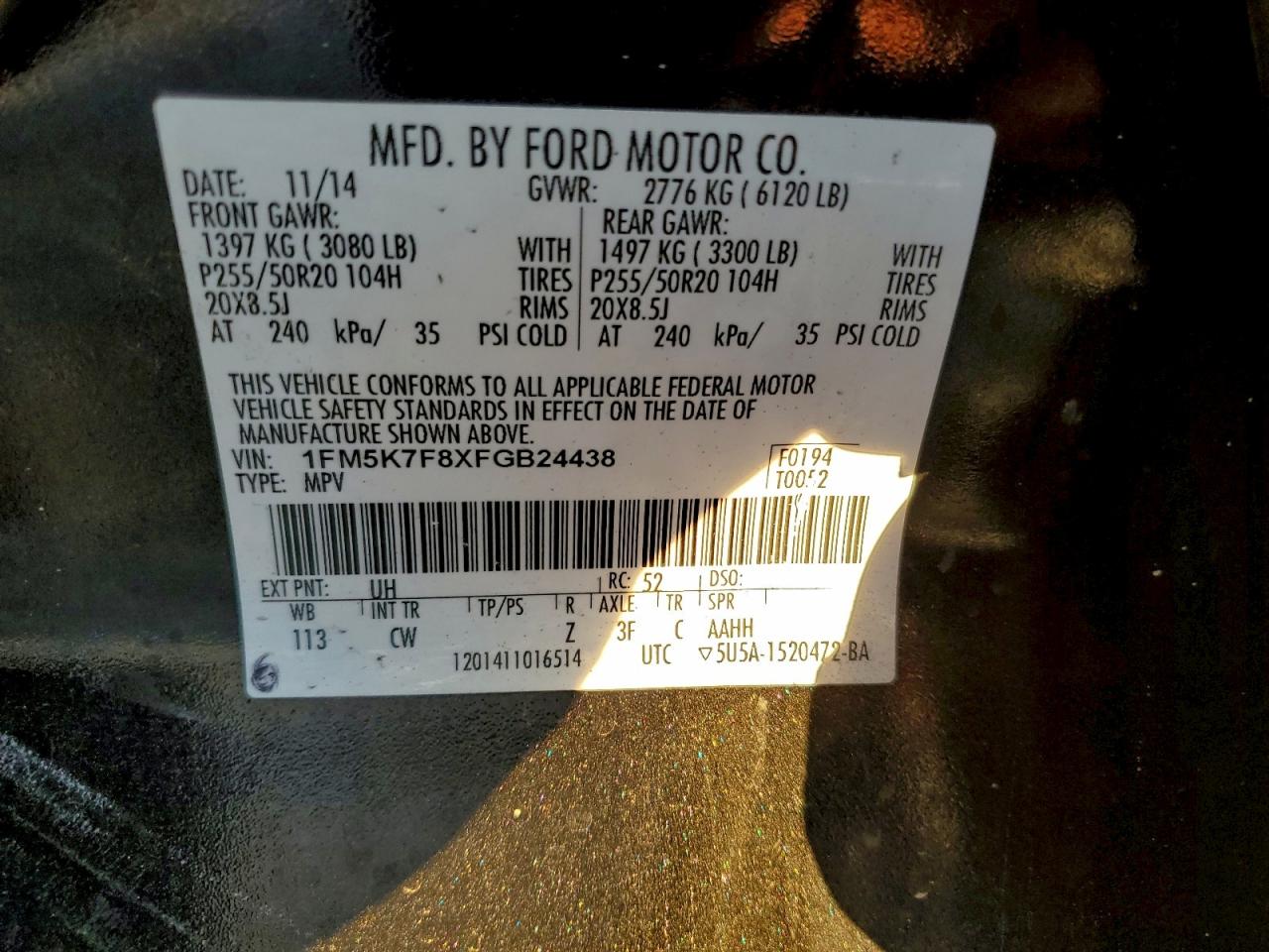 2015 Ford Explorer Limited VIN: 1FM5K7F8XFGB24438 Lot: 93621555