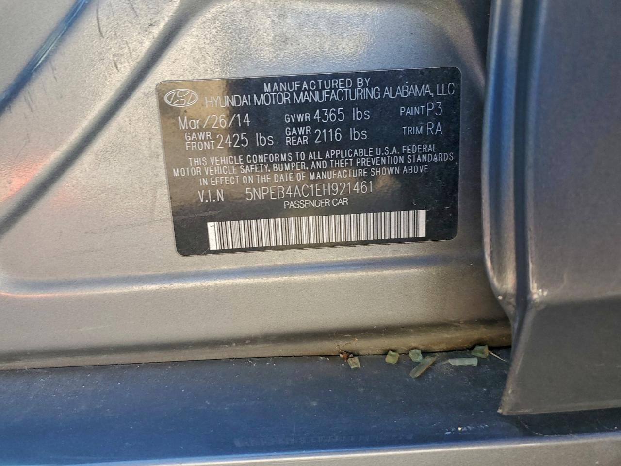 2014 Hyundai Sonata Gls VIN: 5NPEB4AC1EH921461 Lot: 94538355