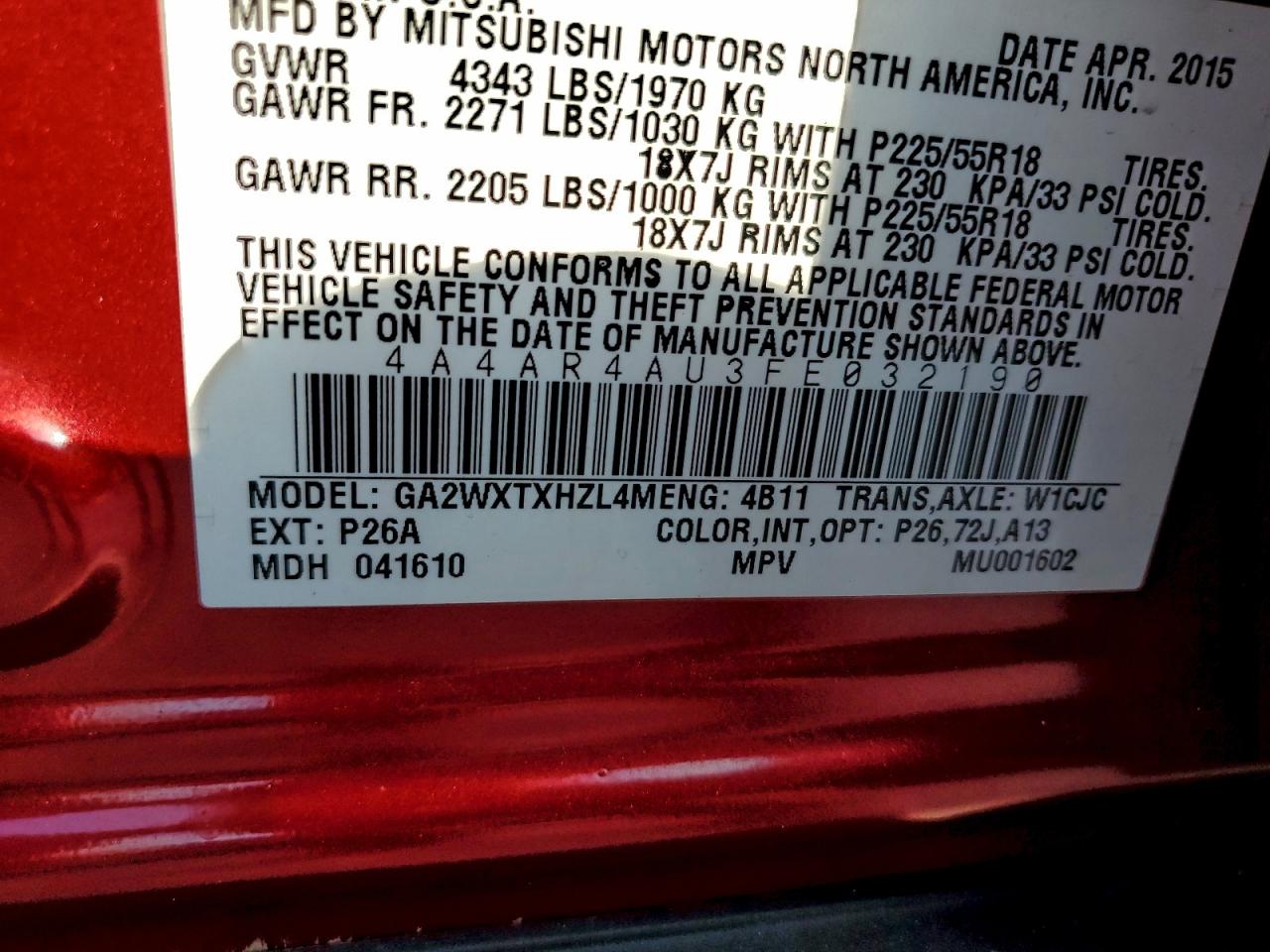 2015 Mitsubishi Outlander Sport Se VIN: 4A4AR4AU3FE032190 Lot: 94105555