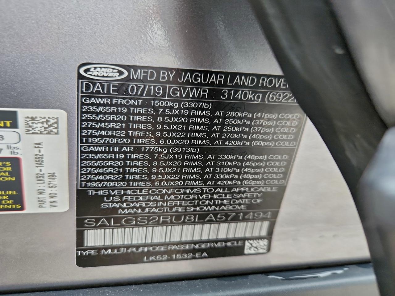 2020 Land Rover Range Rover Hse VIN: SALGS2RU8LA571494 Lot: 93420935