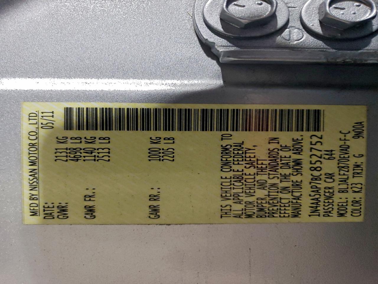 2011 Nissan Maxima S VIN: 1N4AA5AP7BC852752 Lot: 94418565