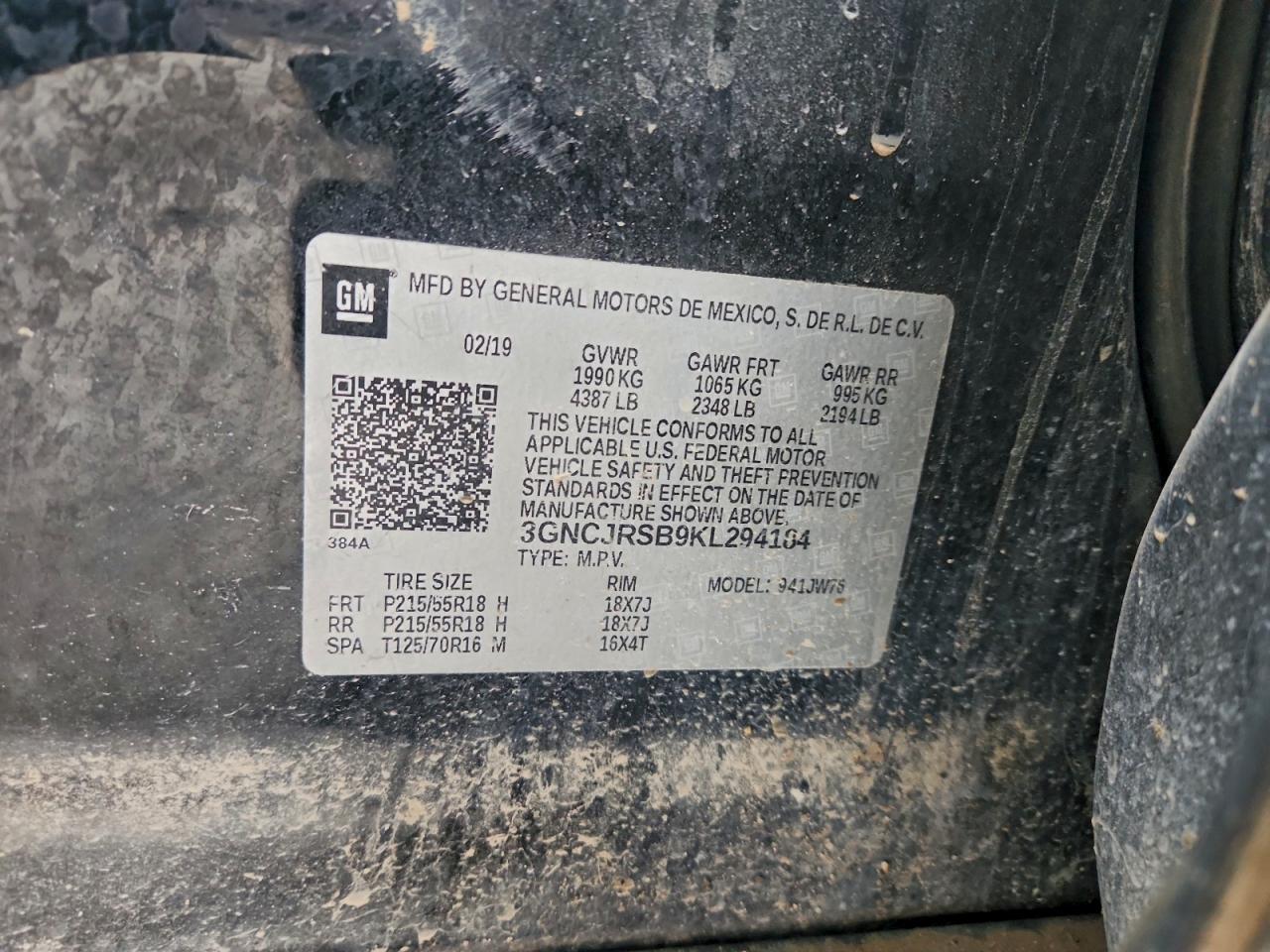 2019 Chevrolet Trax Premier VIN: 3GNCJRSB9KL294184 Lot: 93597175