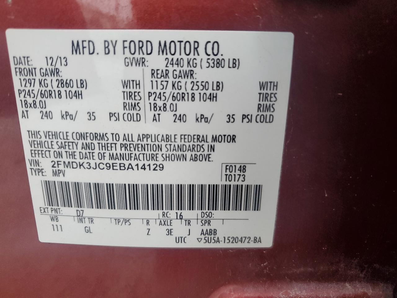 2014 Ford Edge Sel VIN: 2FMDK3JC9EBA14129 Lot: 91709875