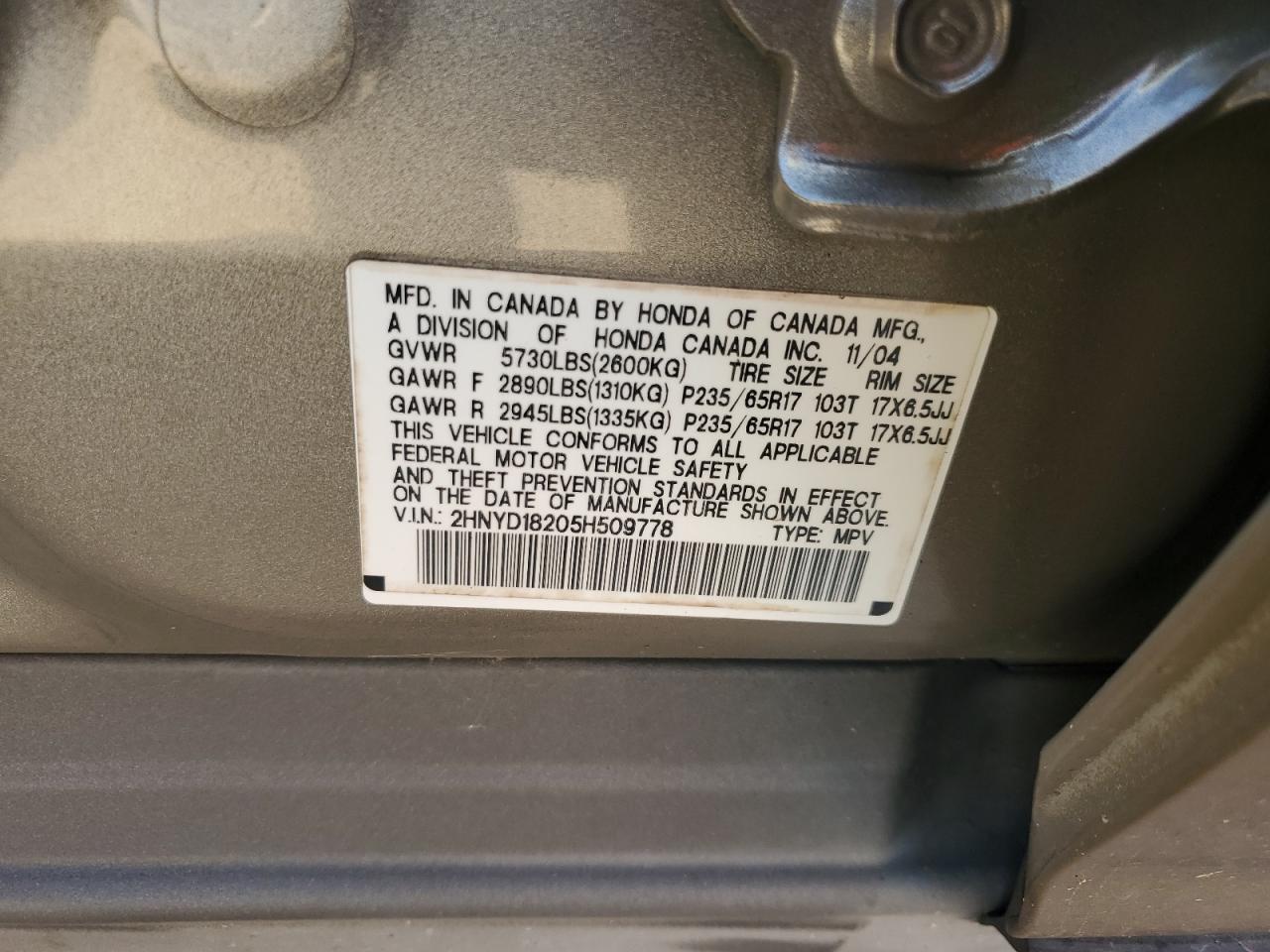 2005 Acura Mdx VIN: 2HNYD18205H509778 Lot: 92175185