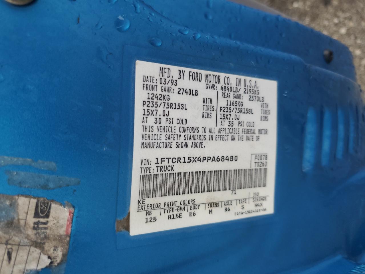1993 Ford Ranger Super Cab VIN: 1FTCR15X4PPA68480 Lot: 92724695