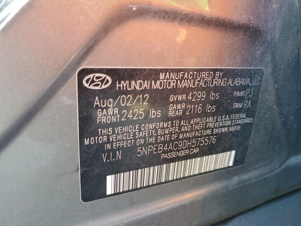 2013 Hyundai Sonata Gls VIN: 5NPEB4AC9DH575576 Lot: 94120465