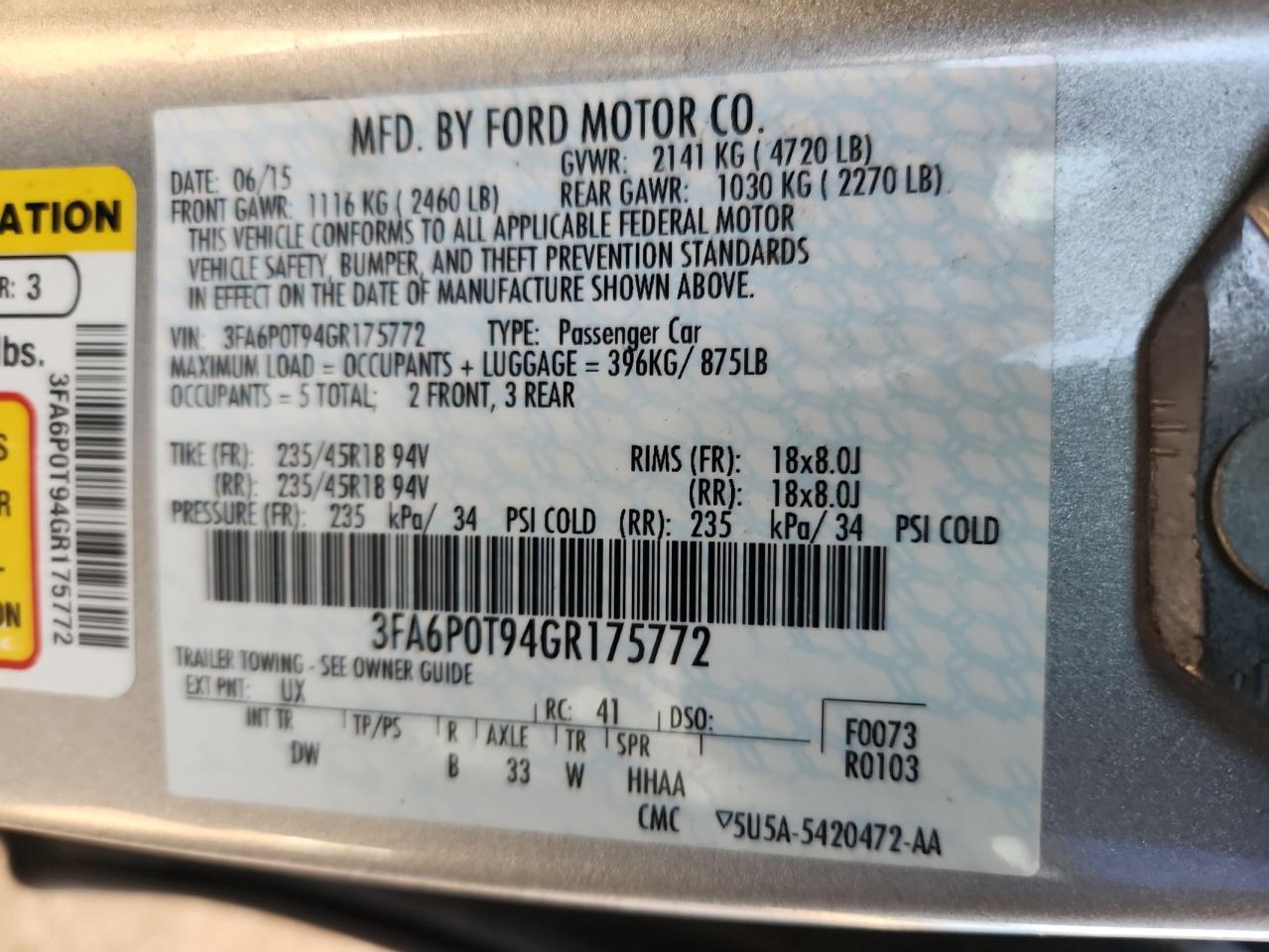 2016 Ford Fusion Se VIN: 3FA6P0T94GR175772 Lot: 92062925