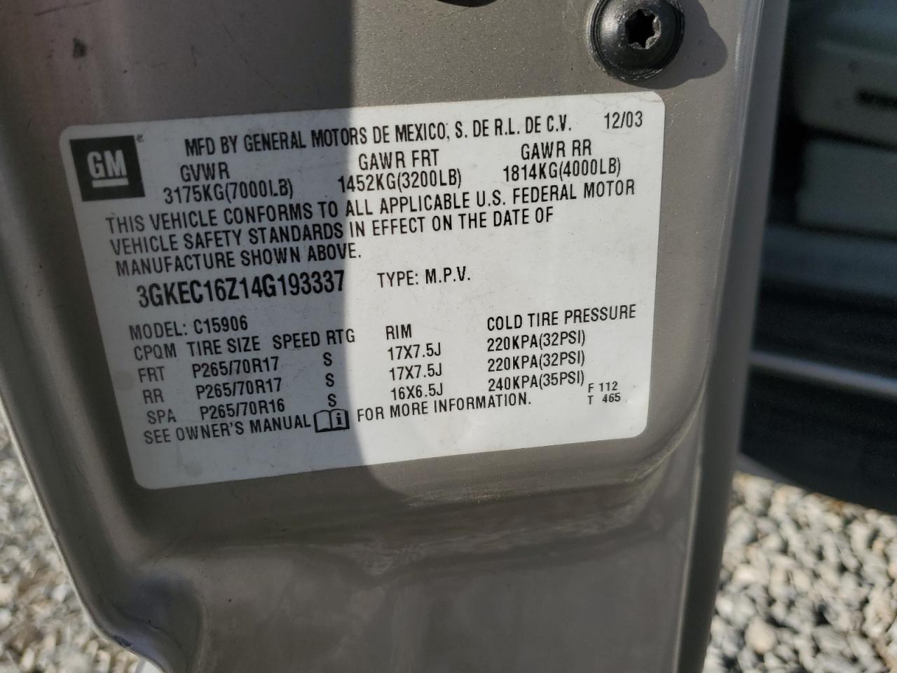 2004 GMC Yukon Xl C1500 VIN: 3GKEC16Z14G193337 Lot: 93370195