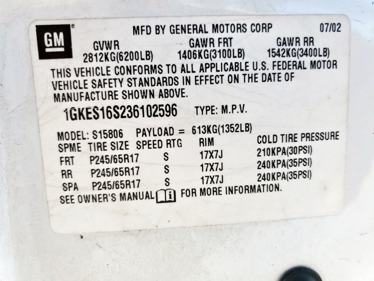 2003 GMC Envoy Xl VIN: 1GKES16S236102596 Lot: 90439055