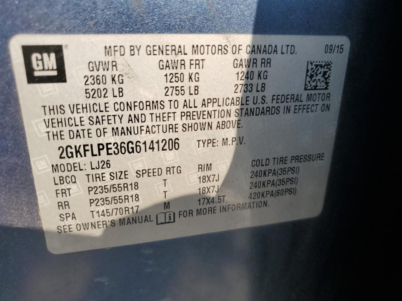 2016 GMC Terrain Slt VIN: 2GKFLPE36G6141206 Lot: 93138875