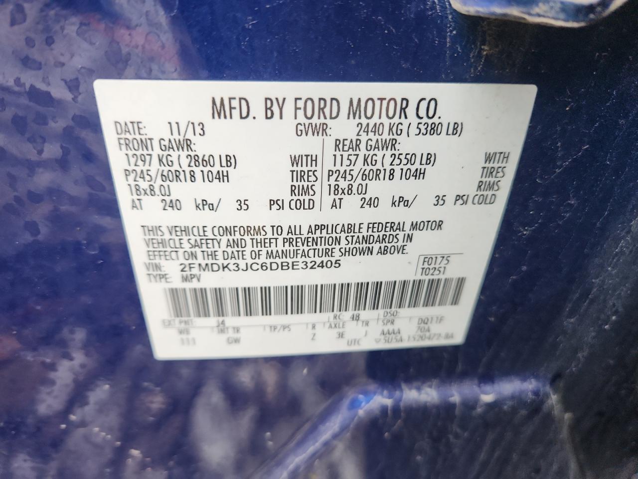 2013 Ford Edge Sel VIN: 2FMDK3JC6DBE32405 Lot: 93625415