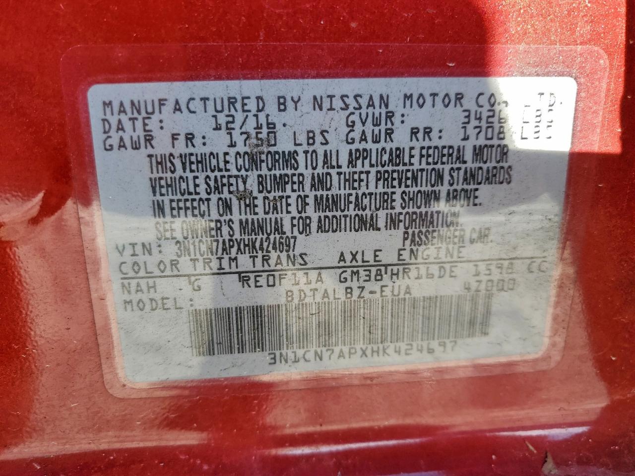 2017 Nissan Versa S VIN: 3N1CN7APXHK424697 Lot: 93891345