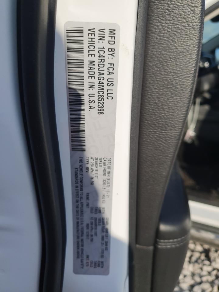 2021 Dodge Durango Sxt VIN: 1C4RDJAG4MC852398 Lot: 92211655