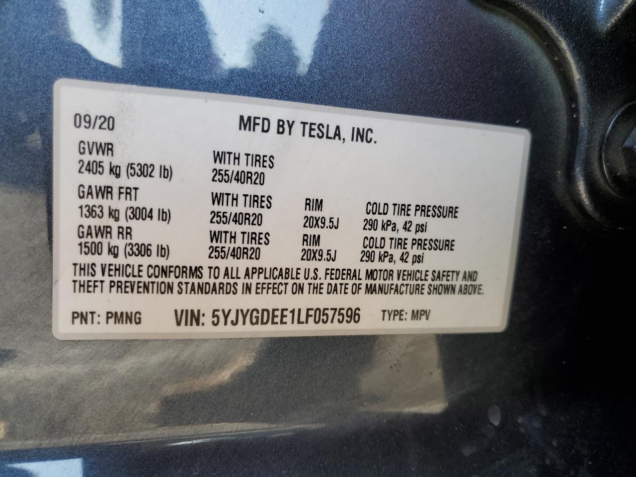 2020 Tesla Model Y VIN: 5YJYGDEE1LF057596 Lot: 91285515