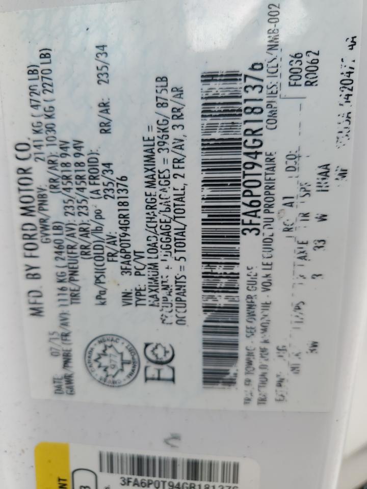 2016 Ford Fusion Se VIN: 3FA6P0T94GR181376 Lot: 90923785