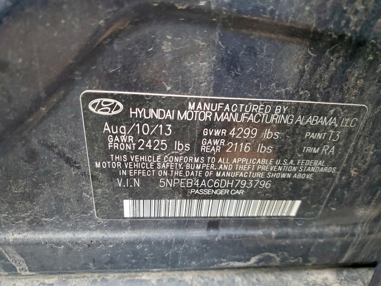 2013 Hyundai Sonata Gls VIN: 5NPEB4AC6DH793796 Lot: 93900455