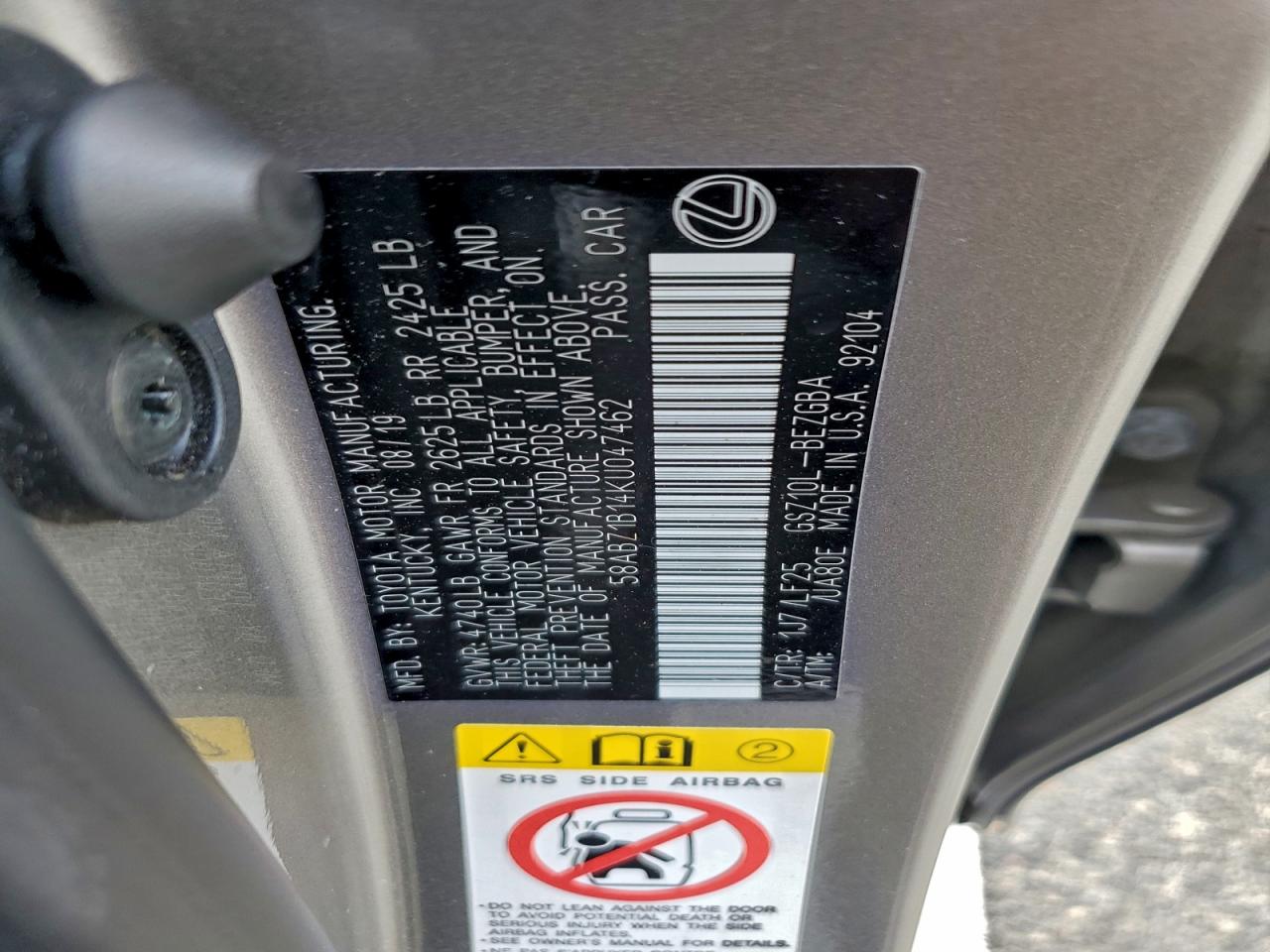 2019 Lexus Es 350 VIN: 58ABZ1B14KU047462 Lot: 94506485