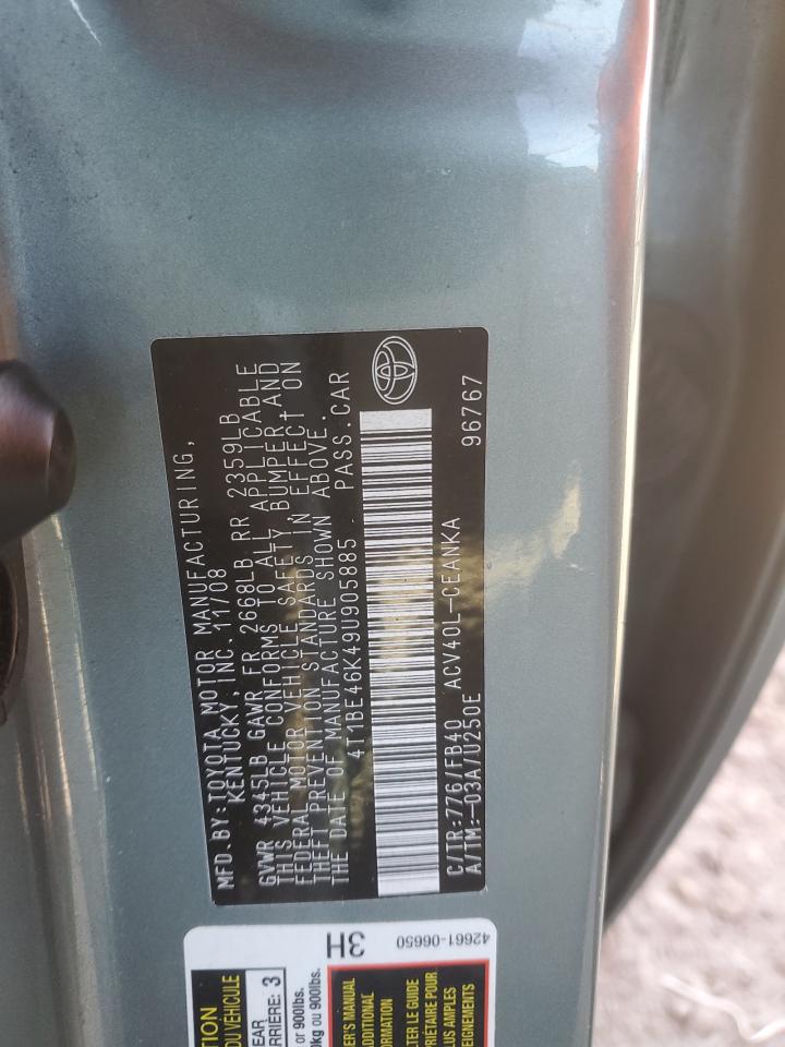 2009 Toyota Camry Base VIN: 4T1BE46K49U905885 Lot: 92351255