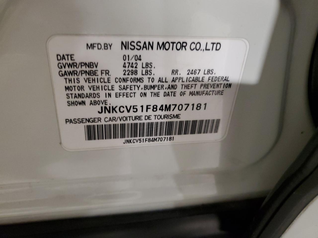 2004 Infiniti G35 VIN: JNKCV51F84M707181 Lot: 93401885