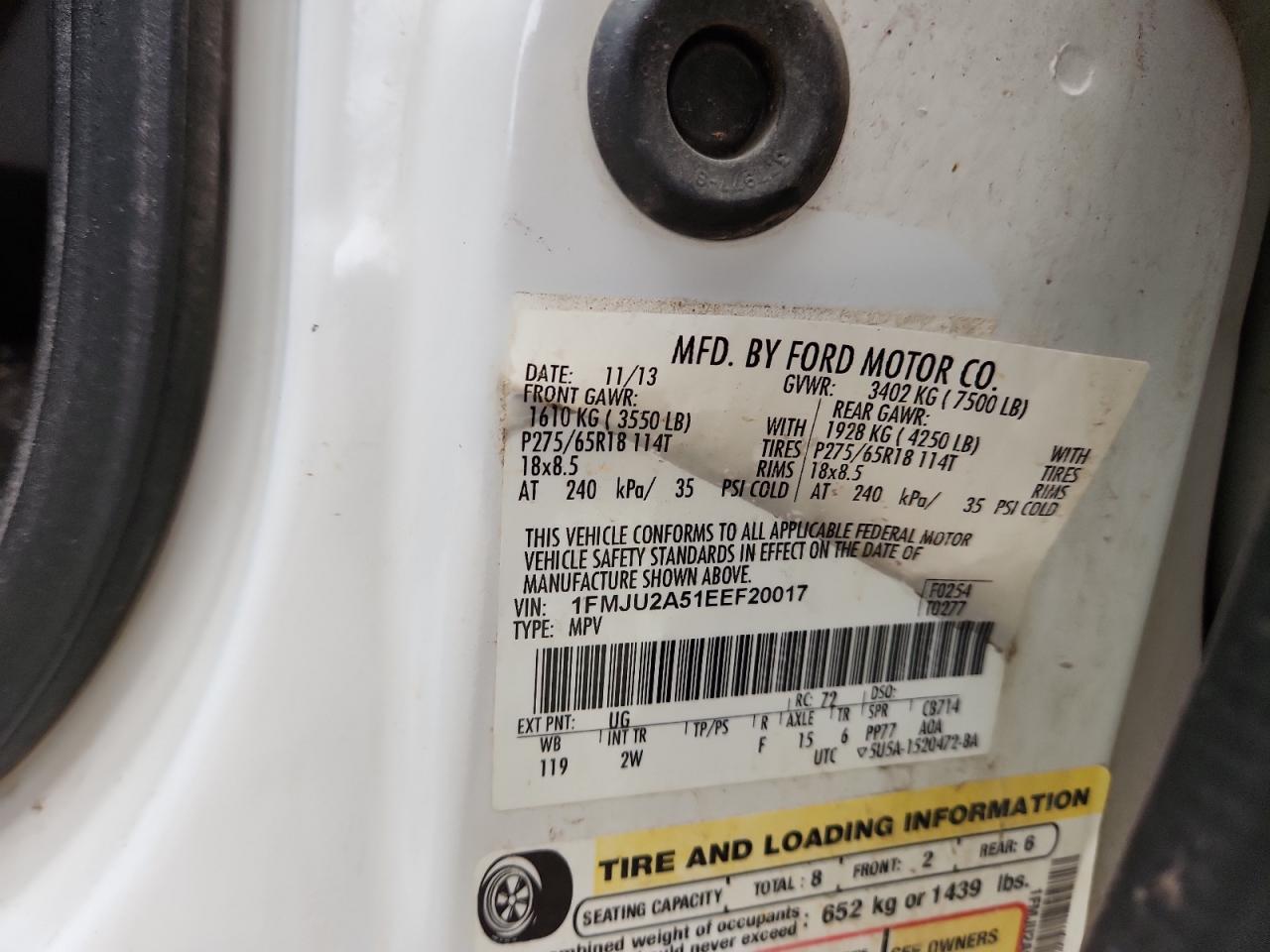 2014 Ford Expedition Limited VIN: 1FMJU2A51EEF20017 Lot: 92447245